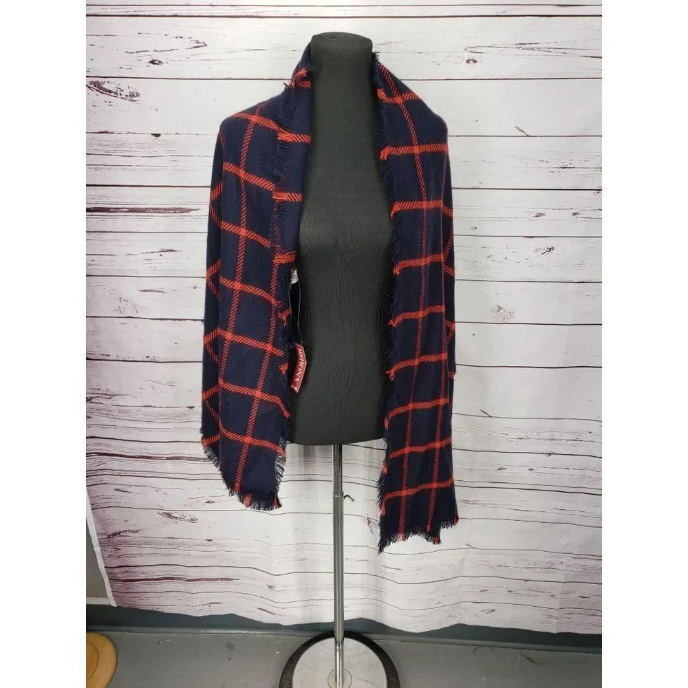 Merona Red Navy Blue Checkered Plaid Winter Blanket‎ Scarf